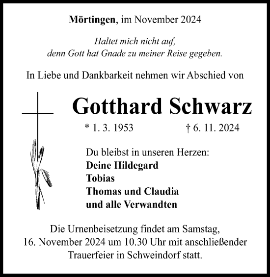 Traueranzeige von Gotthard Schwarz von Schwäbische Post