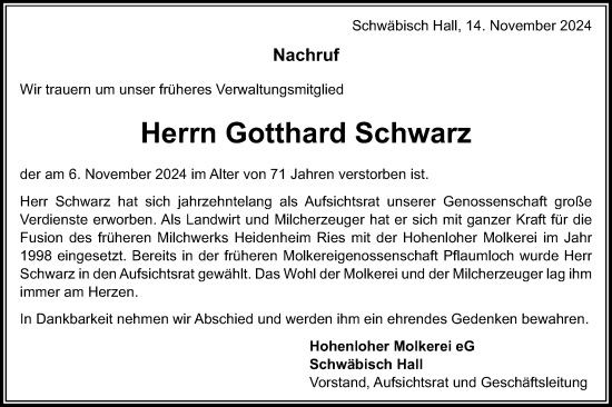Traueranzeige von Gotthard Schwarz von Schwäbische Post