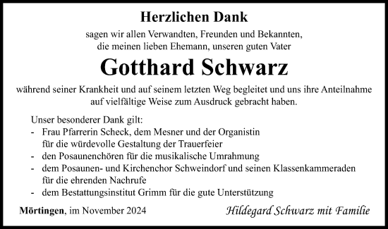 Traueranzeige von Gotthard Schwarz von Schwäbische Post