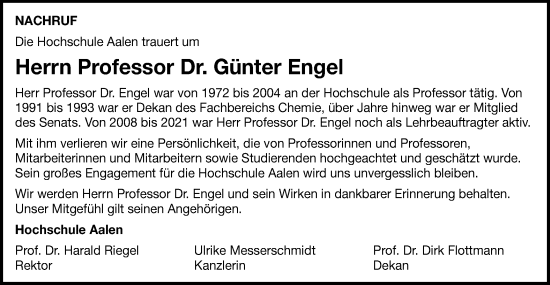 Traueranzeige von Günter Engel von Schwäbische Post