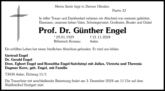 Traueranzeige von Günther Engel von Schwäbische Post