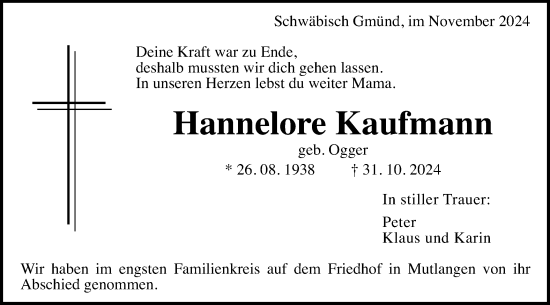 Traueranzeige von Hannelore Kaufmann von Gmünder Tagespost