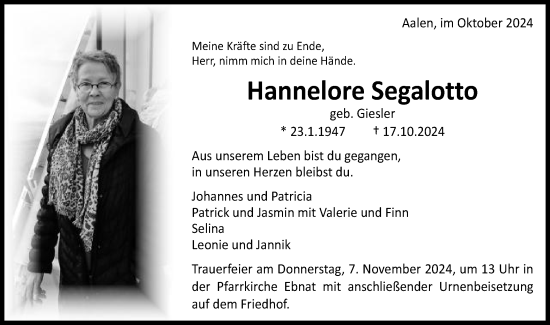 Traueranzeige von Hannelore Segalotto von Schwäbische Post