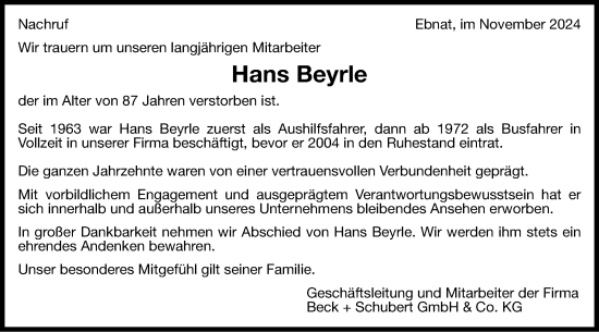 Traueranzeige von Hans Beyrle von Schwäbische Post