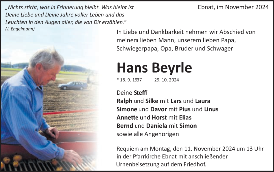 Traueranzeige von Hans Beyrle von Schwäbische Post