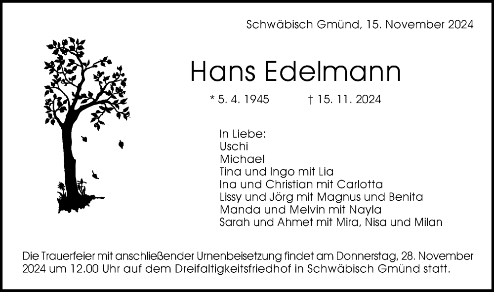  Traueranzeige für Hans Edelmann vom 23.11.2024 aus Gmünder Tagespost