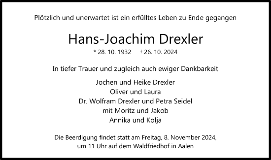 Traueranzeige von Hans-Joachim Drexler von Schwäbische Post