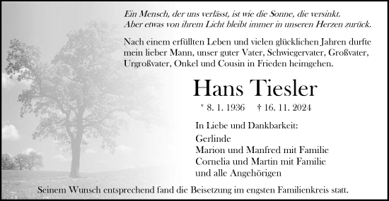 Traueranzeige von Hans Tiesler von Schwäbische Post