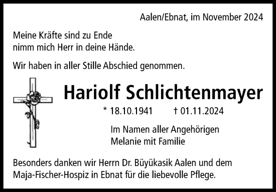 Traueranzeige von Hariolf Schlichtenmayer von Schwäbische Post