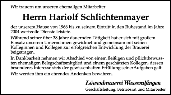 Traueranzeige von Hariolf Schlichtenmayer von Schwäbische Post