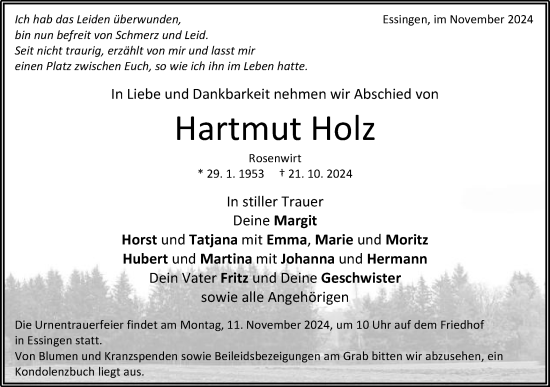 Traueranzeige von Hartmut Holz von Schwäbische Post