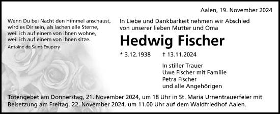 Traueranzeige von Hedwig Fischer von Schwäbische Post