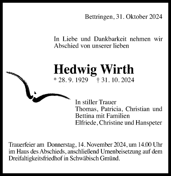 Traueranzeige von Hedwig Wirth von Schwäbische Post