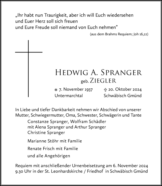 Traueranzeige von Hedwig A. Spranger von Gmünder Tagespost