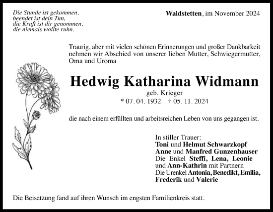 Traueranzeige von Hedwig Katharina Widmann von Gmünder Tagespost