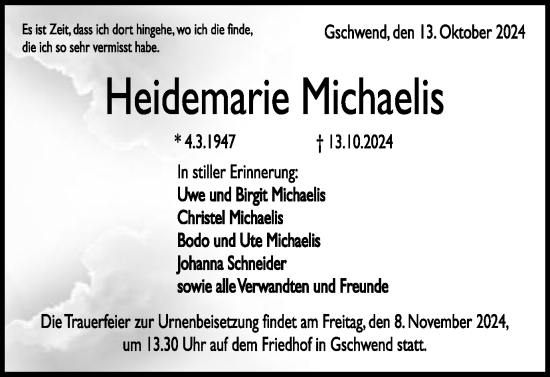 Traueranzeige von Heidemarie Michaelis von Gmünder Tagespost