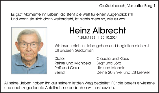 Traueranzeige von Heinz Albrecht von Gmünder Tagespost