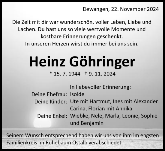 Traueranzeige von Heinz Göhringer von Schwäbische Post