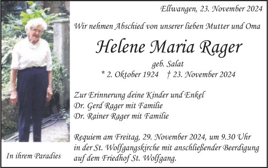 Traueranzeige von Helene Maria Rager von Schwäbische Post