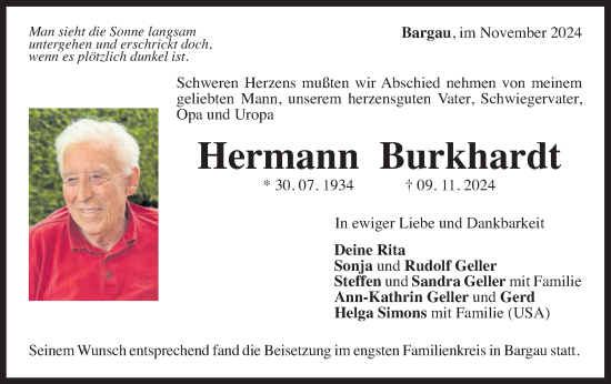 Traueranzeige von Hermann Burkhardt von Gmünder Tagespost