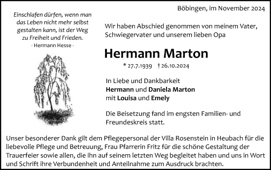 Traueranzeige von Hermann Marton von Gmünder Tagespost