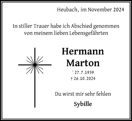 Traueranzeige von Hermann Marton von Gmünder Tagespost