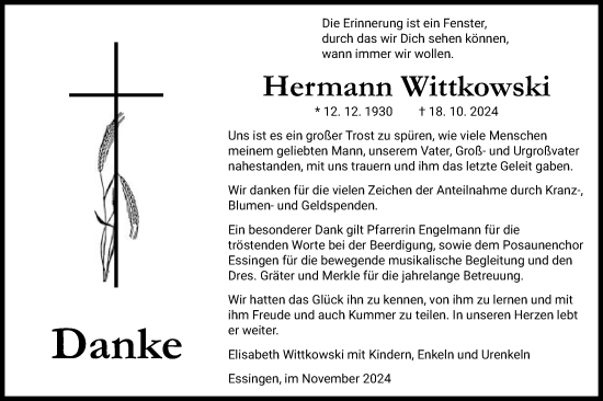 Traueranzeige von Hermann Wittkowski von Schwäbische Post