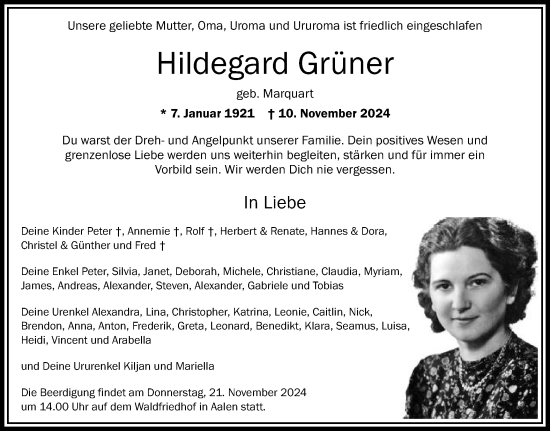 Traueranzeige von Hildegard Grüner von Schwäbische Post
