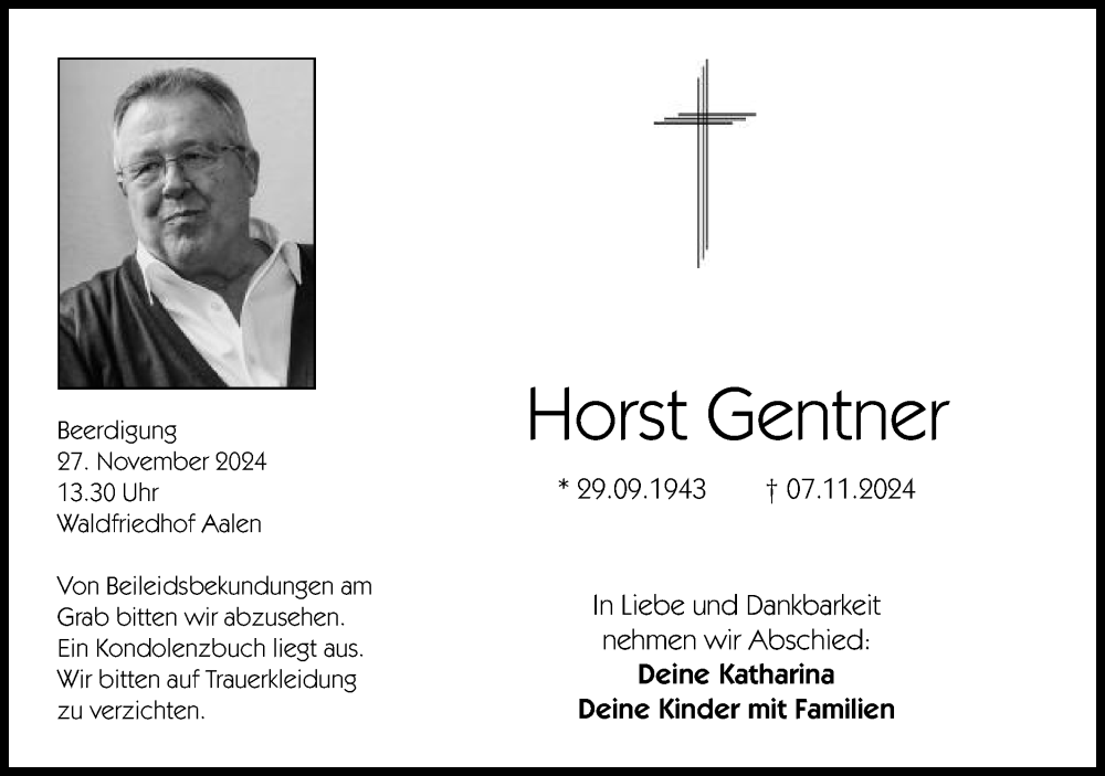  Traueranzeige für Horst Gentner vom 23.11.2024 aus Schwäbische Post