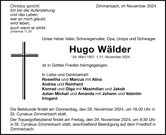 Traueranzeige von Hugo Wälder von Gmünder Tagespost