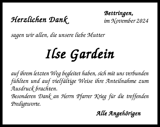 Traueranzeige von Ilse Gardein von Gmünder Tagespost