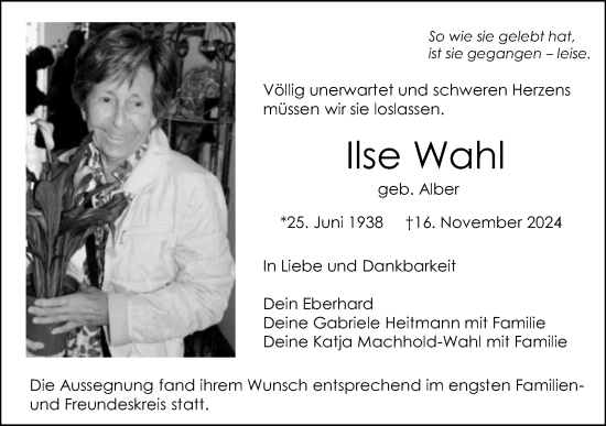 Traueranzeige von Ilse Wahl von Schwäbische Post