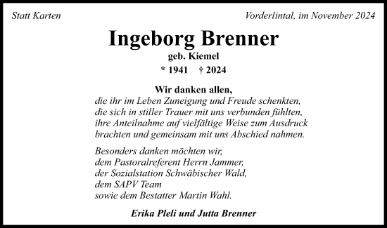 Traueranzeige von Ingeborg Brenner von Gmünder Tagespost