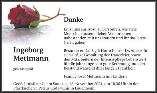 Traueranzeige von Ingeborg Mettmann von Schwäbische Post