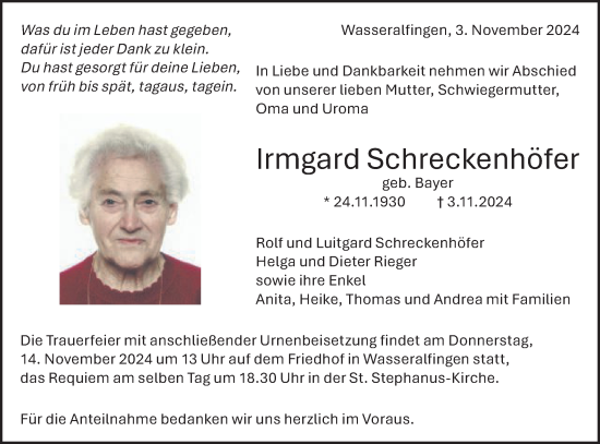 Traueranzeige von Irmgard Schreckenhöfer von Schwäbische Post