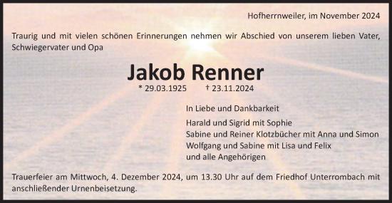 Traueranzeige von Jakob Renner von Schwäbische Post