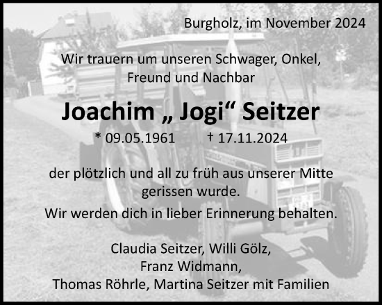Traueranzeige von Joachim Seitzer von Gmünder Tagespost