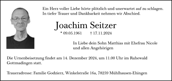 Traueranzeige von Joachim Seitzer von Gmünder Tagespost