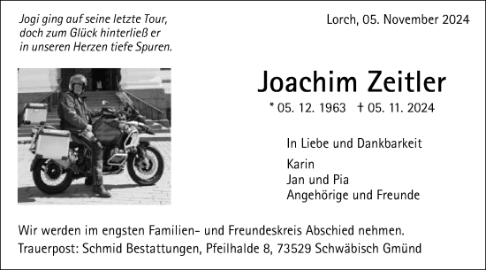 Traueranzeige von Joachim Zeitler von Gmünder Tagespost