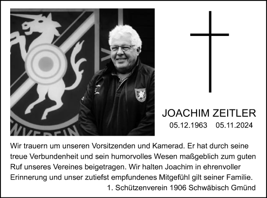Traueranzeige von Joachim Zeitler von Gmünder Tagespost