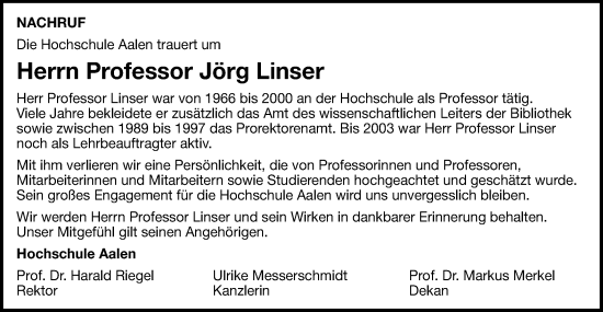 Traueranzeige von Jörg Linser von Schwäbische Post