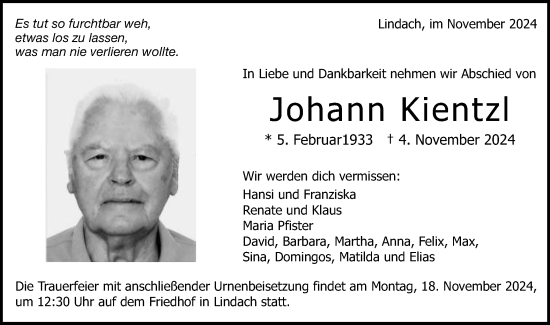 Traueranzeige von Johann Kientzl von Gmünder Tagespost