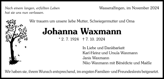 Traueranzeige von Johanna Waxmann von Schwäbische Post