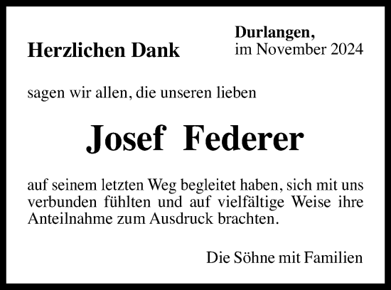 Traueranzeige von Josef Federer von Gmünder Tagespost