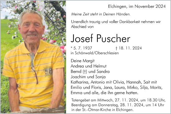 Traueranzeige von Josef Puscher von Schwäbische Post