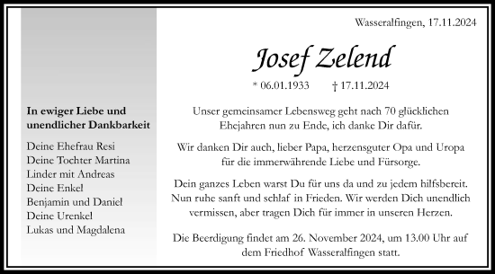 Traueranzeige von Josef Zelend von Schwäbische Post