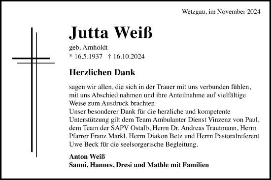 Traueranzeige von Jutta Weiß von Gmünder Tagespost