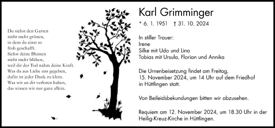Traueranzeige von Karl Grimminger von Schwäbische Post