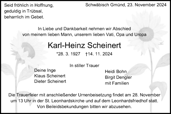 Traueranzeige von Karl-Heinz Scheinert von Gmünder Tagespost