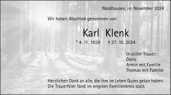 Traueranzeige von Karl Klenk von Gmünder Tagespost